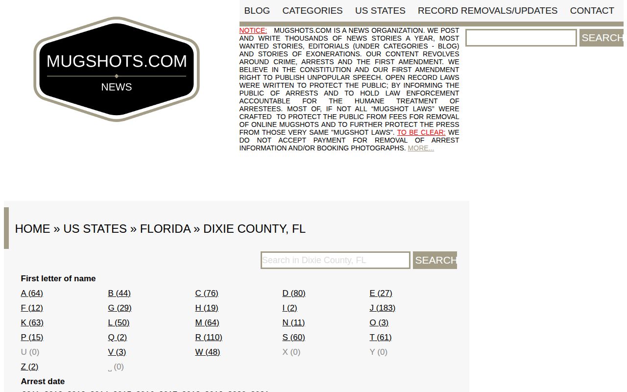 Stale unofficial Mugshots.com Dixie County arrest archive
