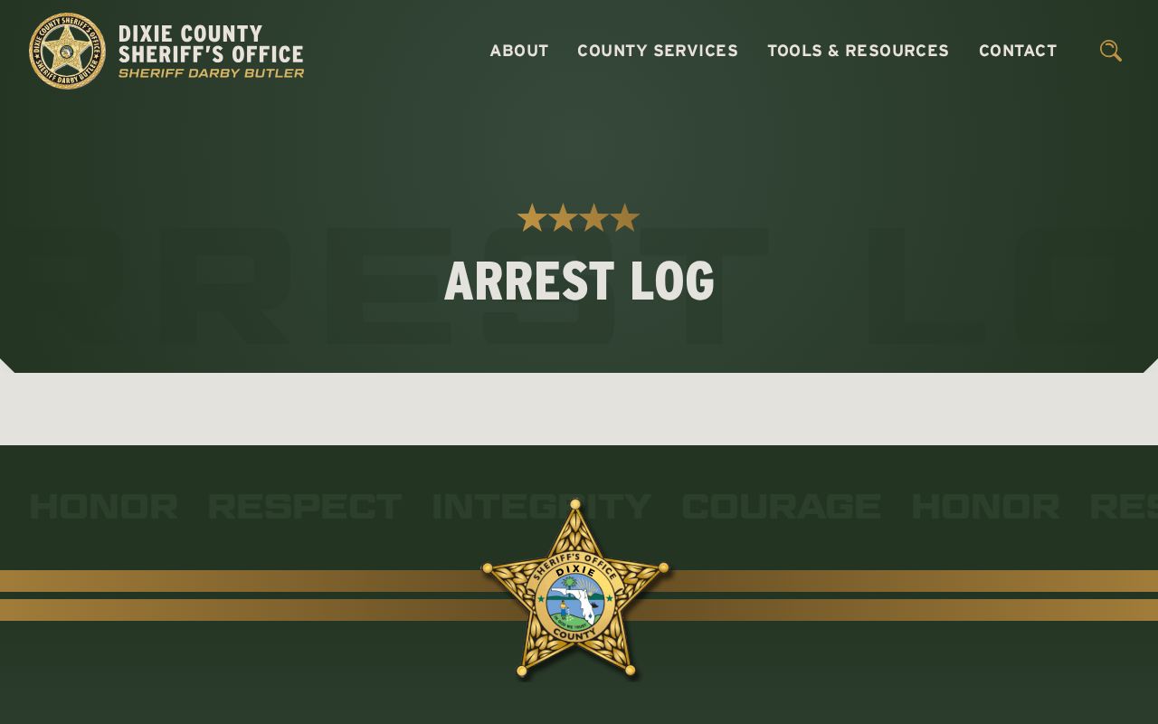 Dixie County official arrest log page with no booking news entries