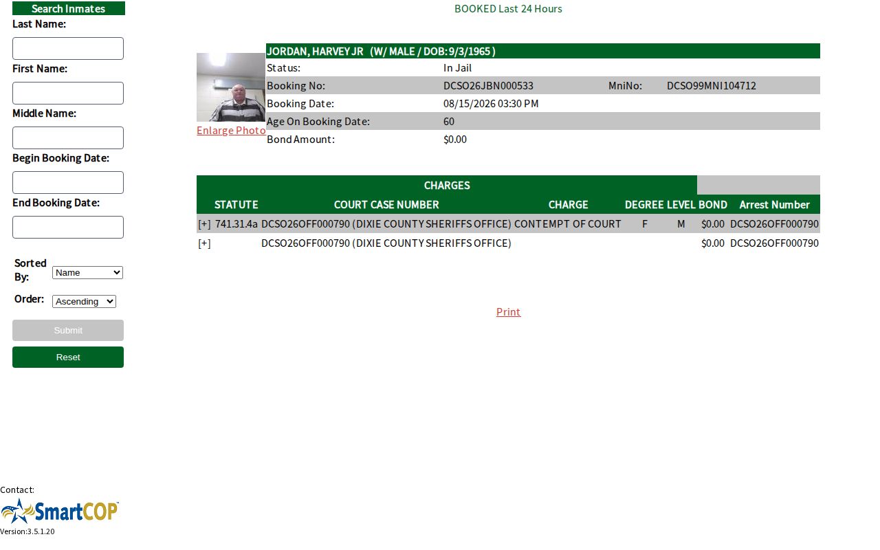 Dixie County jail roster and busted mugshot arrest search form