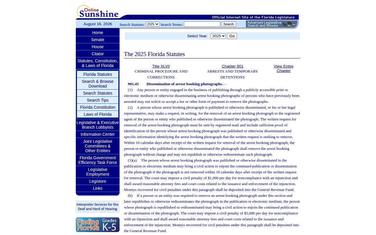 Florida law governing commercial publication of Dixie County booking photographs