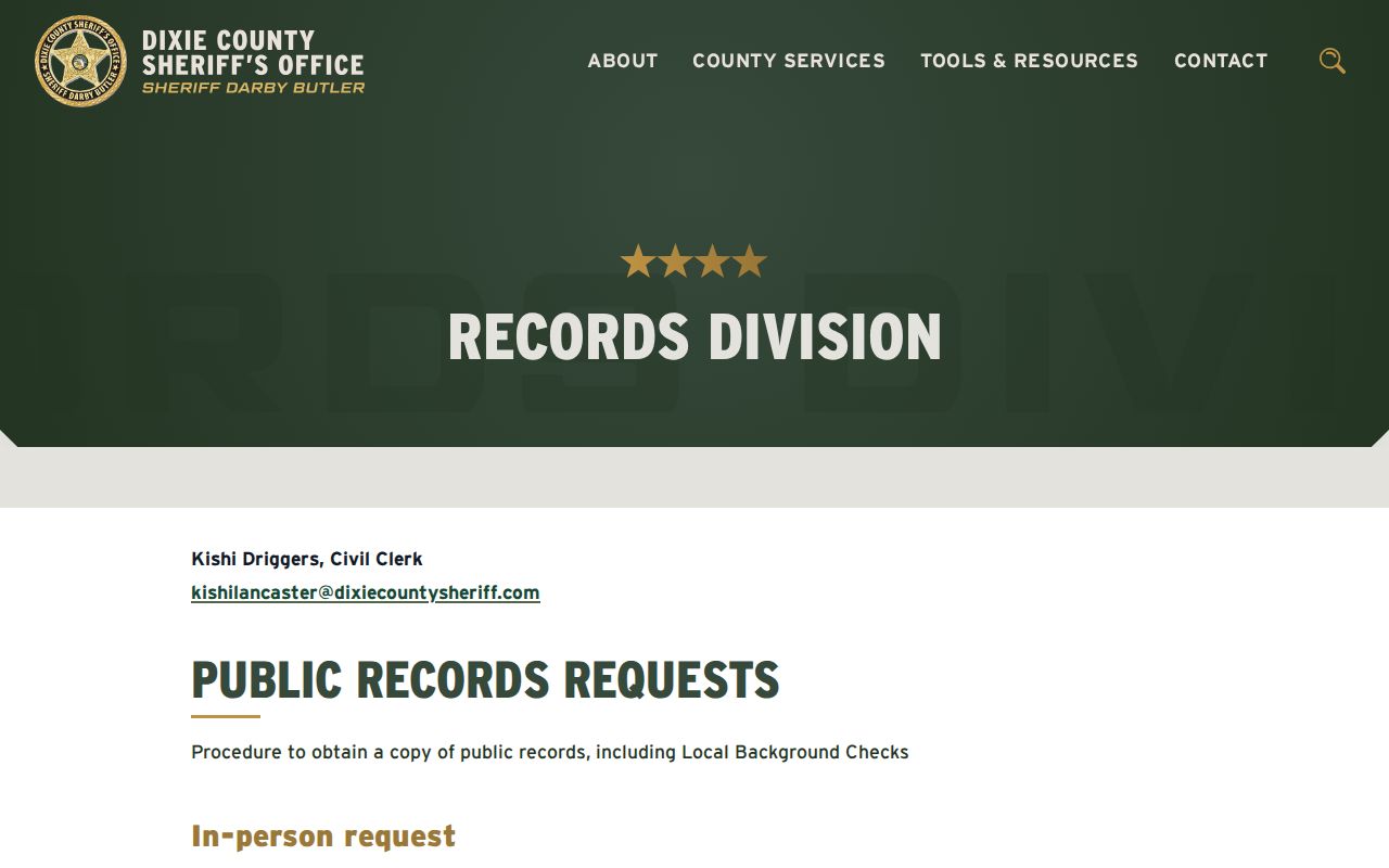 Dixie County booking record request information from the Sheriff's Office