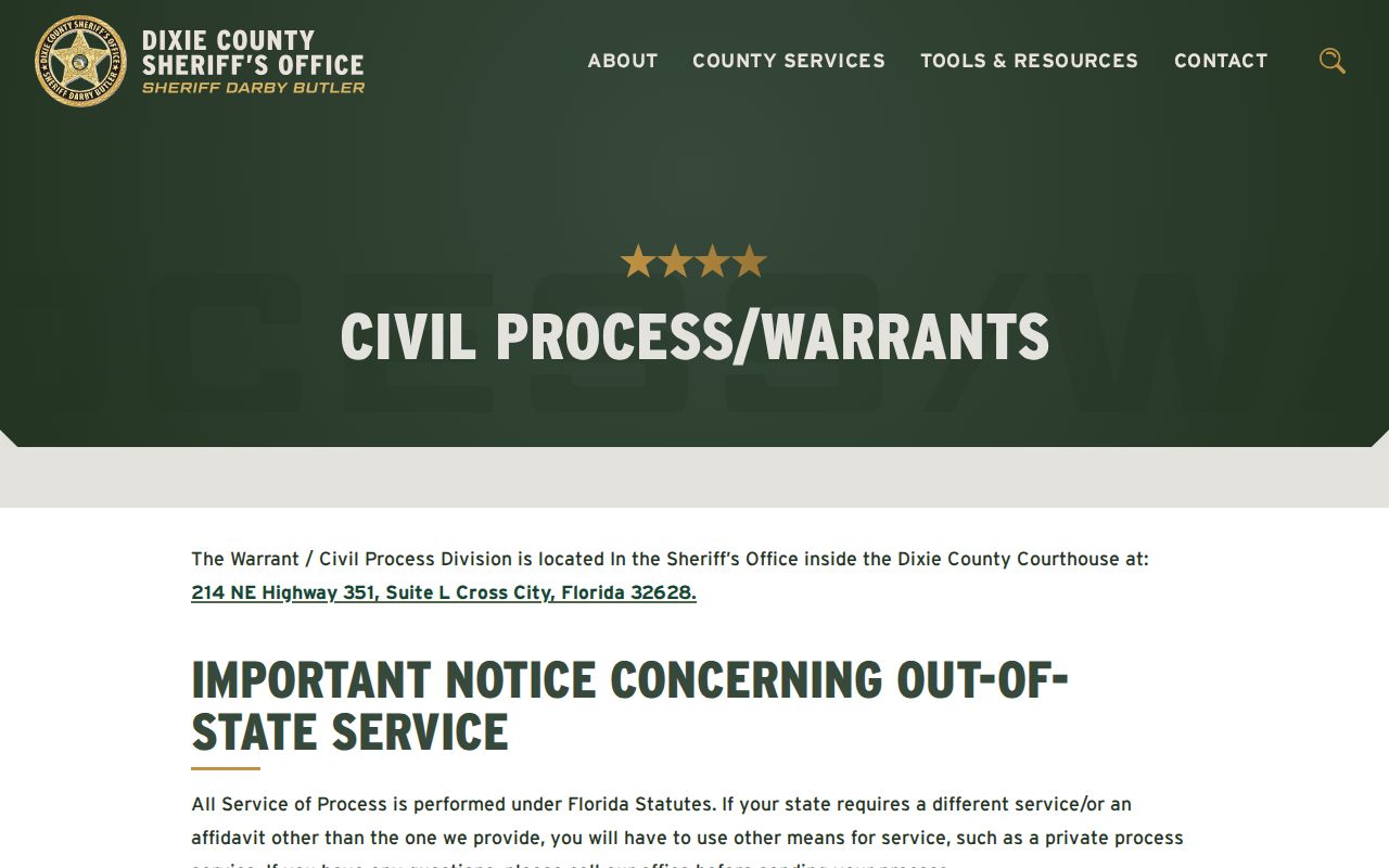 Dixie County Civil Process and Warrants official contact page